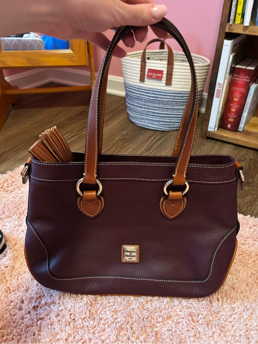 Dooney & Bourke Plum Leather Tote with Tan Handles